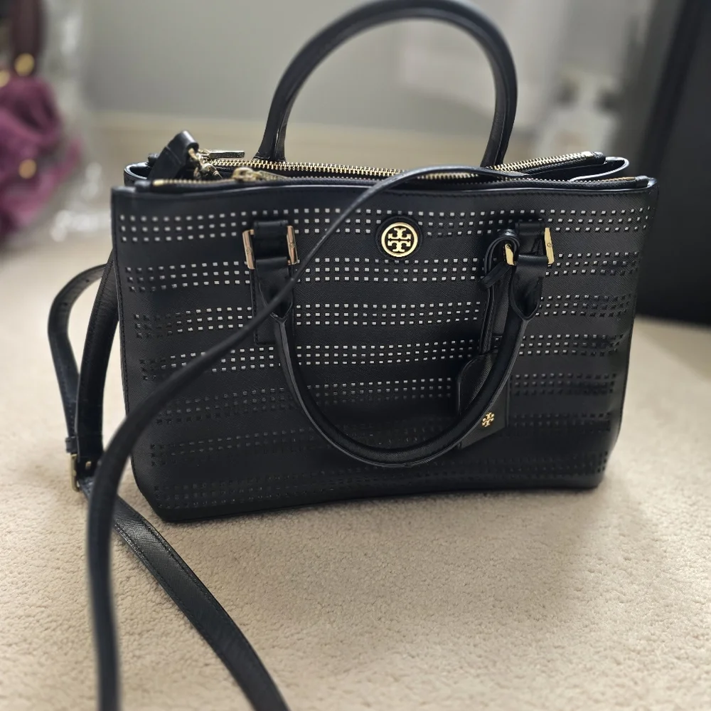 Tory Burch Black Perforated Leather Tote - Picture 1 of 11